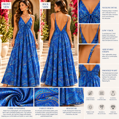 Royal Blue Paisley Maxi Dress with Low V-Back