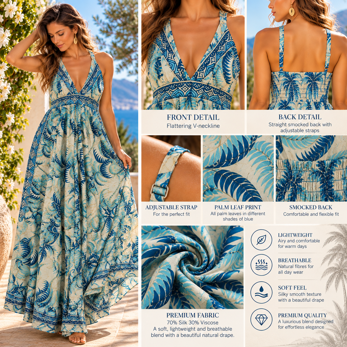 Blue and Cream Tropical Palm Print Silk Maxi Dress – Smocked waist Summer Dress