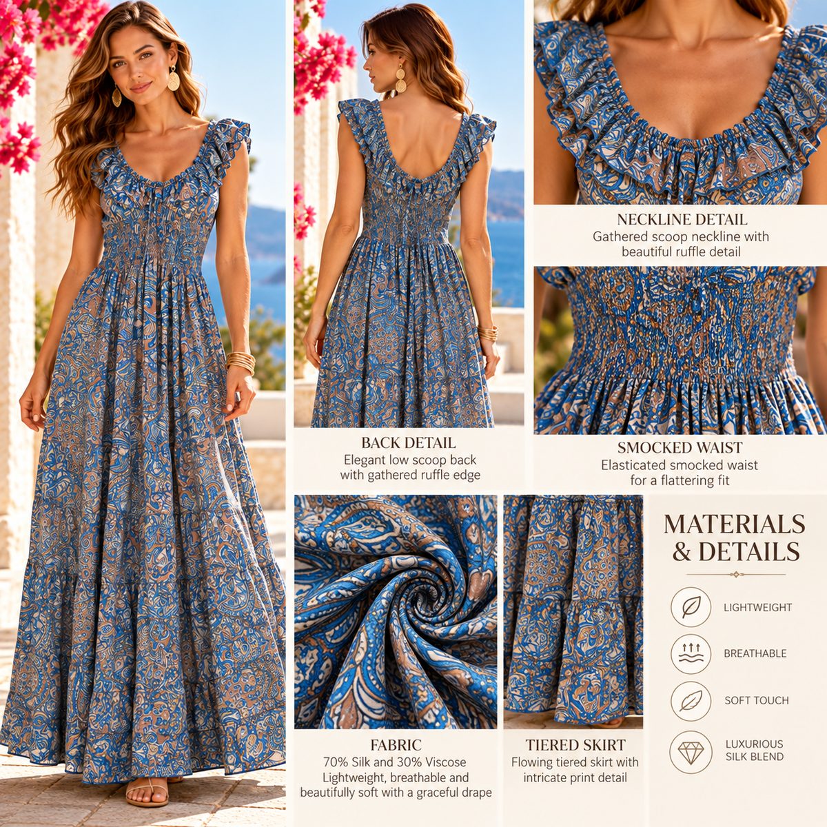 Blue and Taupe Paisley Silk Maxi Dress – Elegant Boho Resort Wear