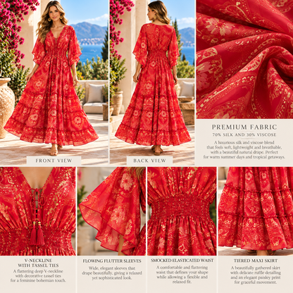 Red and Gold Paisley Silk Boho Maxi Dress – Flutter Sleeves