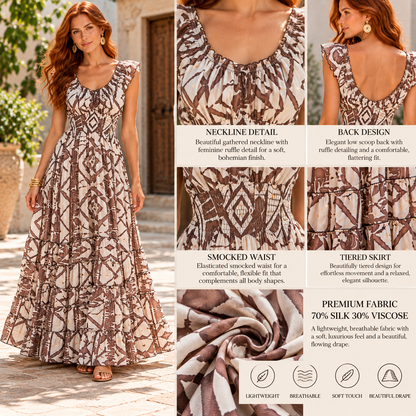 Cream and Chocolate Brown Geometric Silk Maxi Dress – Elegant Boho Resort Wear
