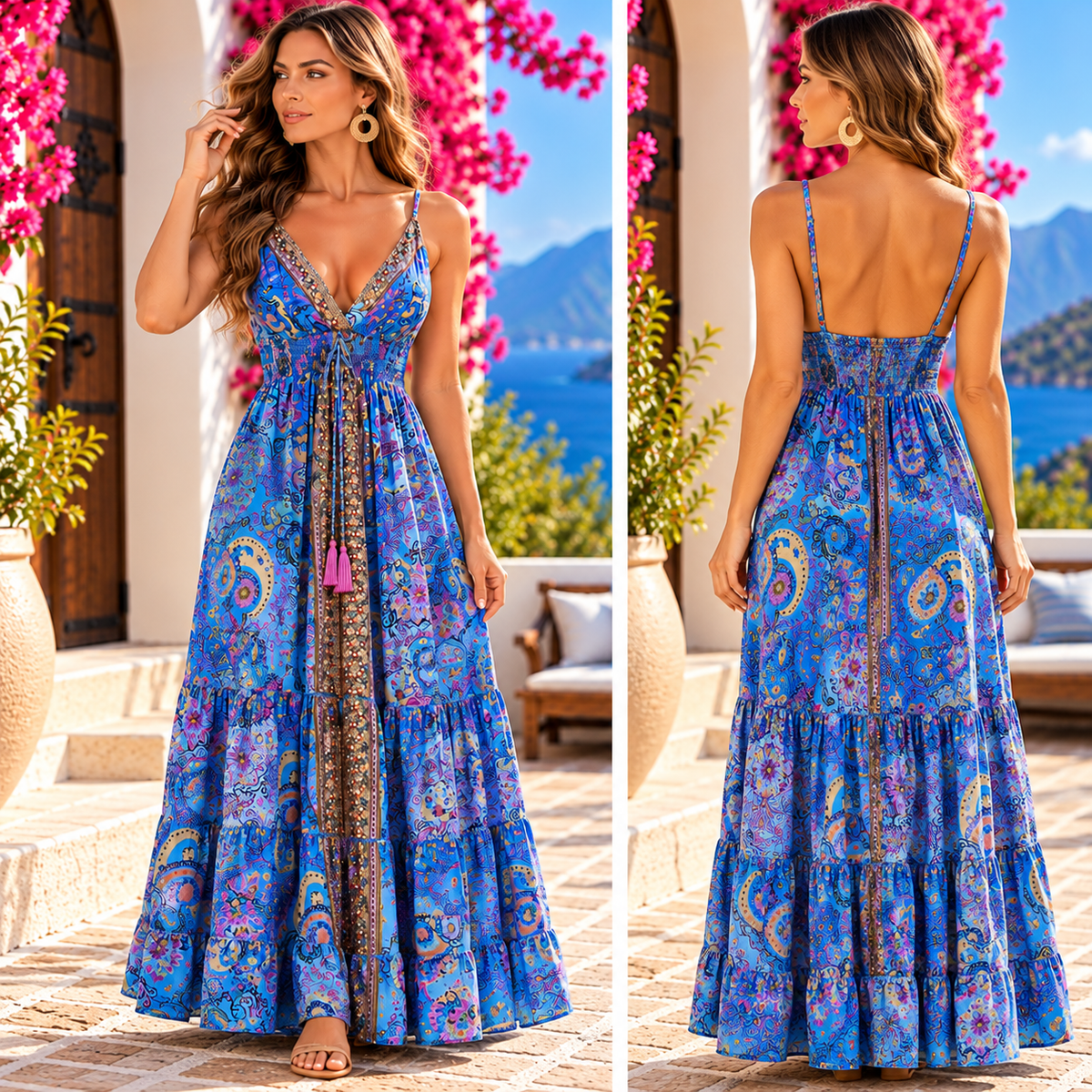 Blue & Turquoise Embellished Paisley Maxi Dress
