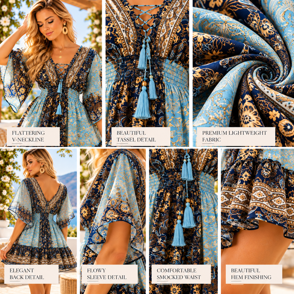 Blue & Turquoise Silk Paisley Boho Dress