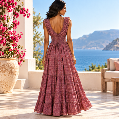 Dusty Rose Silk Boho Maxi Dress – Ruffled V-Neck and Smocked Waist