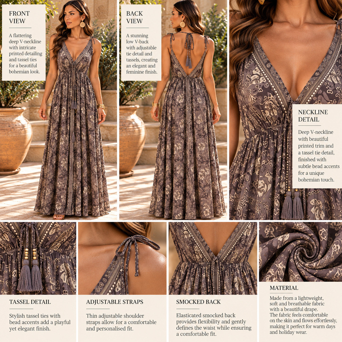 Taupe & Cream Paisley Maxi Dress with Tassel Tie Detail