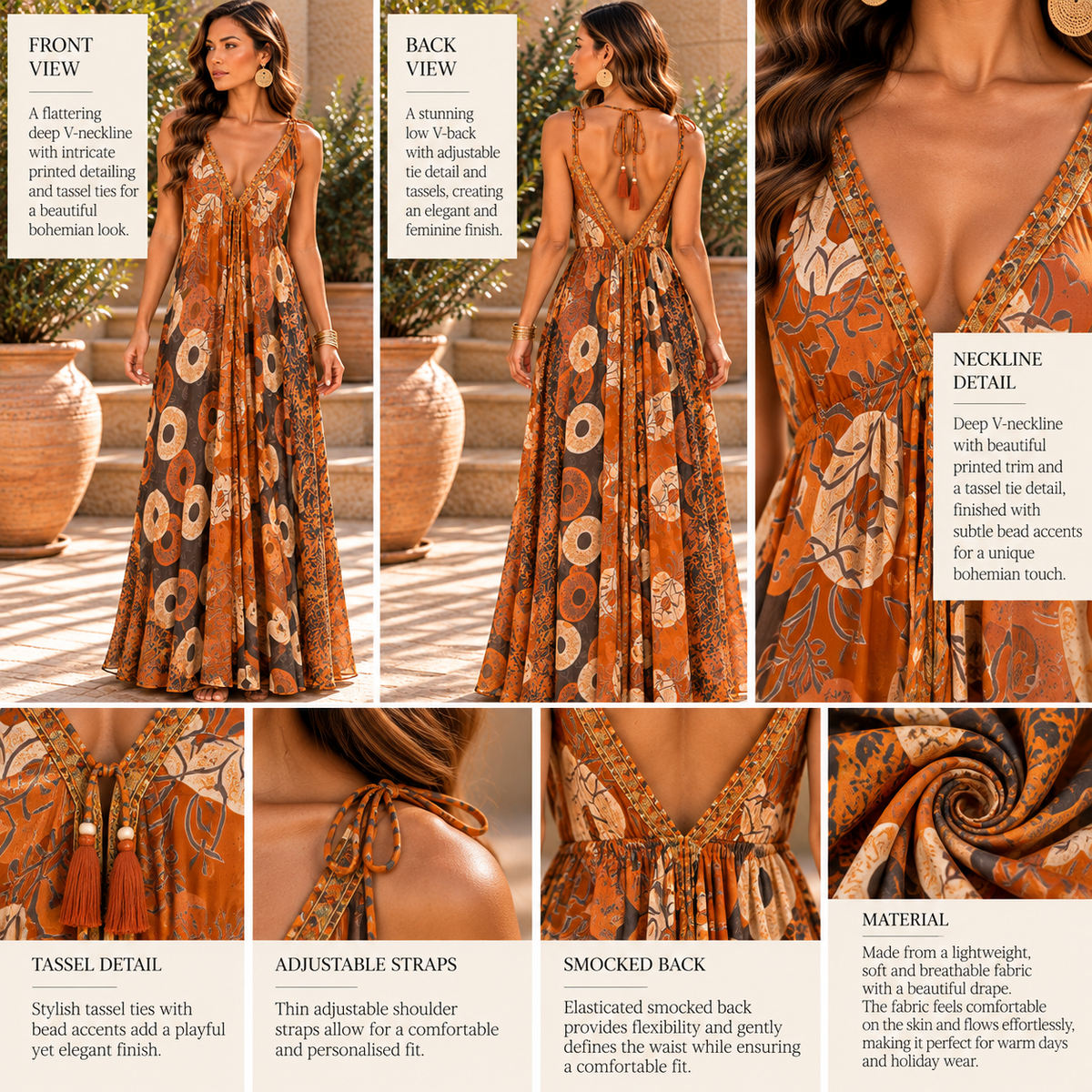 Rust Orange & Cream Boho Maxi Dress