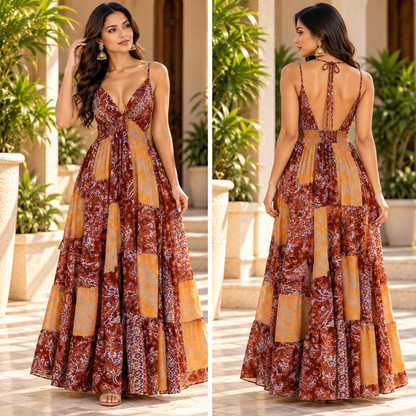 Rust & Mustard Paisley Patchwork Maxi Dress