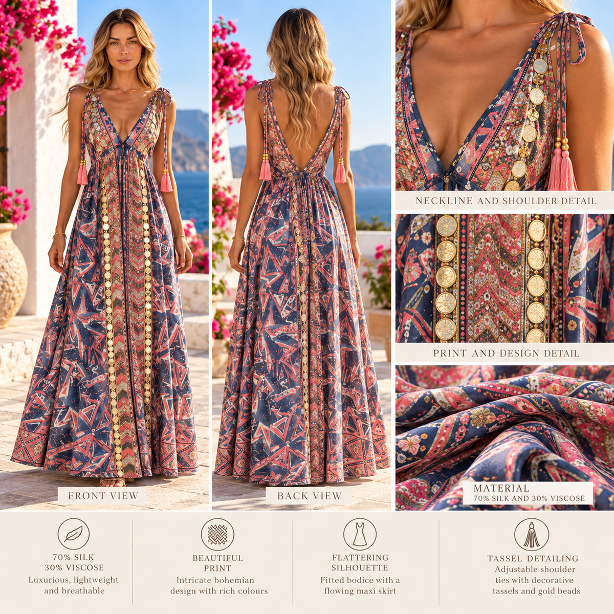 Blue And Pink Bohemian Maxi Dress with Tassel Shoulder Ties
