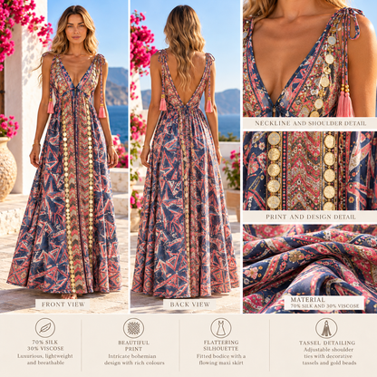 Blue And Pink Bohemian Maxi Dress with Tassel Shoulder Ties