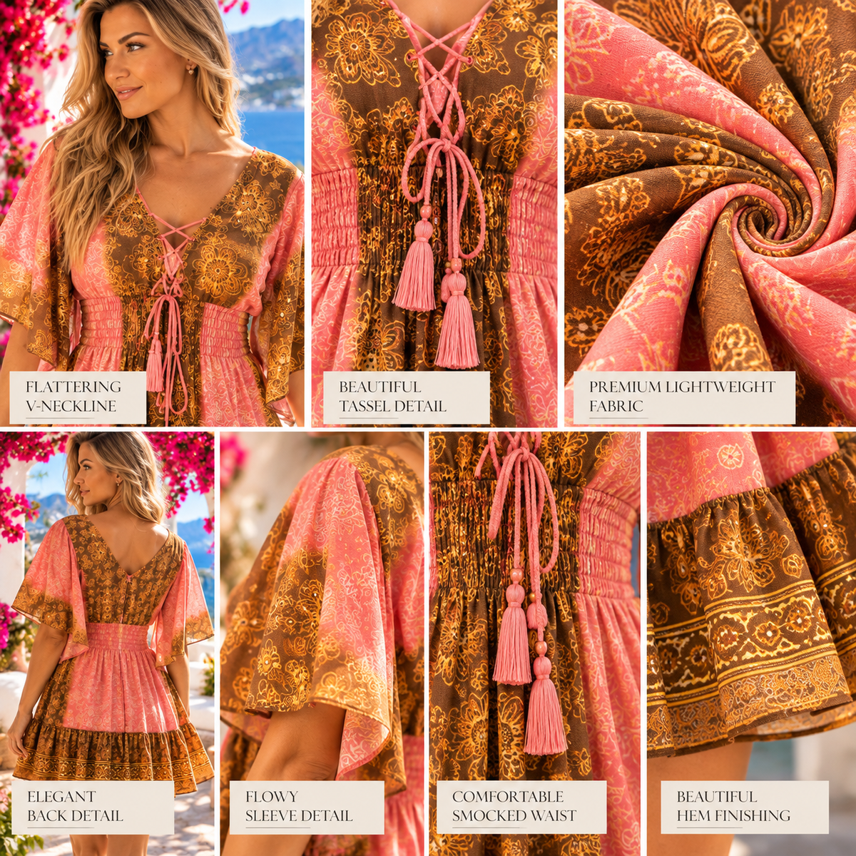 Pink & Brown Silk Paisley Boho Dress