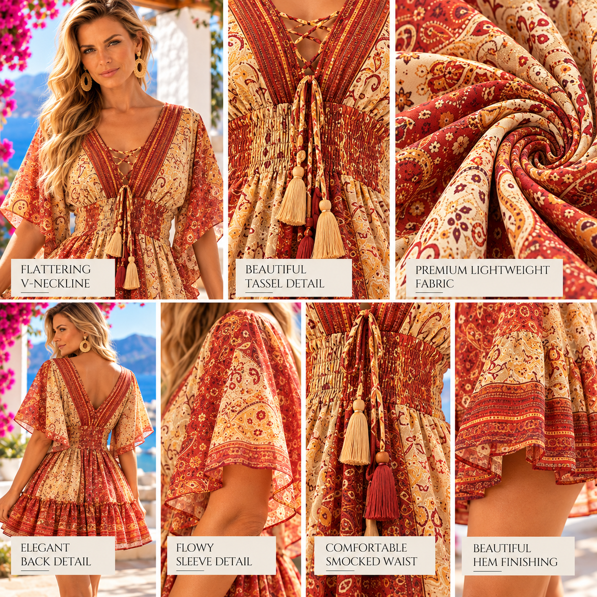 Rust & Cream Silk Paisley Boho Dress