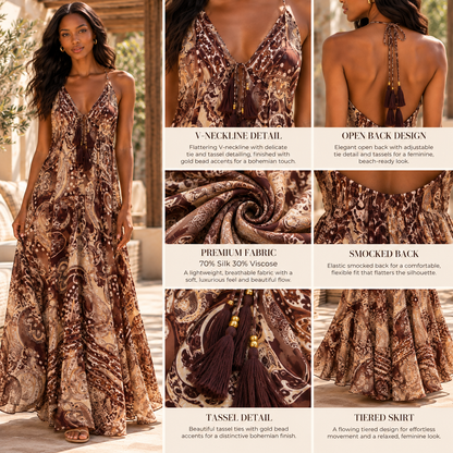 Chocolate Brown and Beige Silk Paisley Maxi Dress – Elegant Backless Boho Resort Wear
