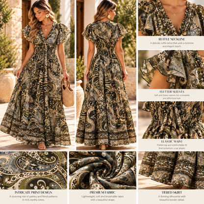 Olive Paisley Boho Maxi Dress