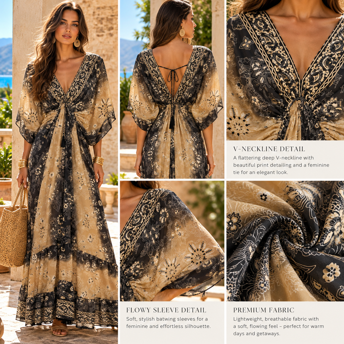 Black & Beige Paisley Boho Dress with Flowy Sleeves