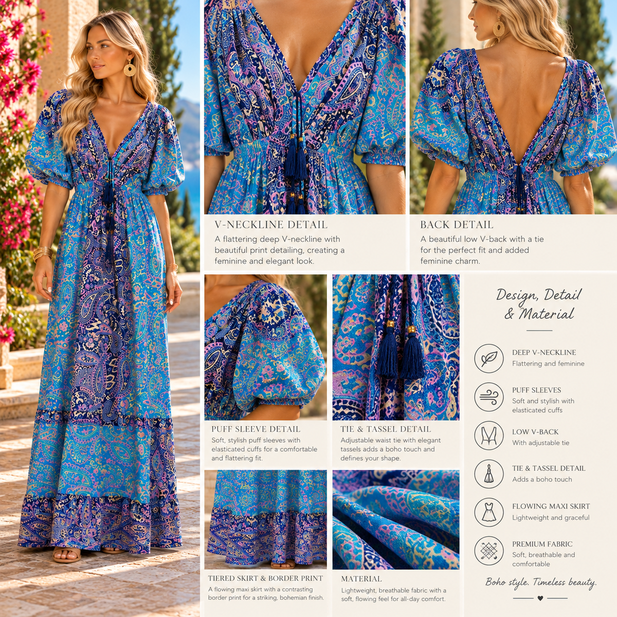 Turquoise, Blue & Pink Paisley Boho Dress