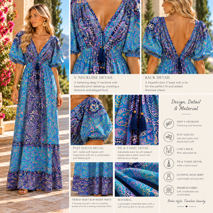 Turquoise, Blue & Pink Paisley Boho Dress