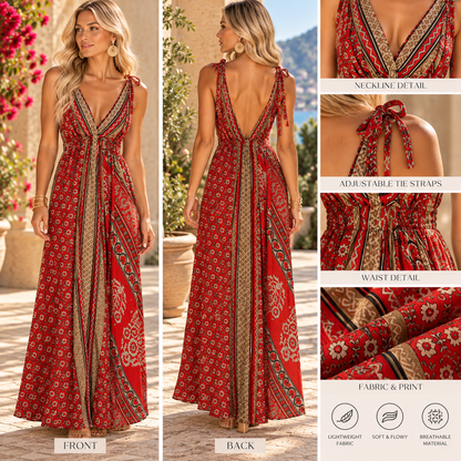 Red Paisley & Beige Magic Dress with Low V-Back