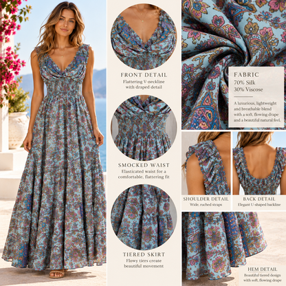 Turquoise Blue Floral Silk Boho Maxi Dress – Smocked Waist and U-Shaped Back