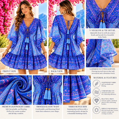 Royal Blue & Pink Paisley Boho Mini Dress