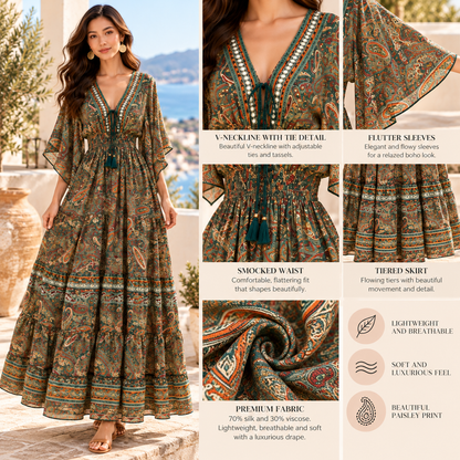 Emerald Green and Gold Paisley Silk Boho Maxi Dress – Embellished V-Neck