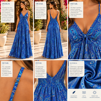 Royal Blue Paisley Maxi Dress with Low V-Back