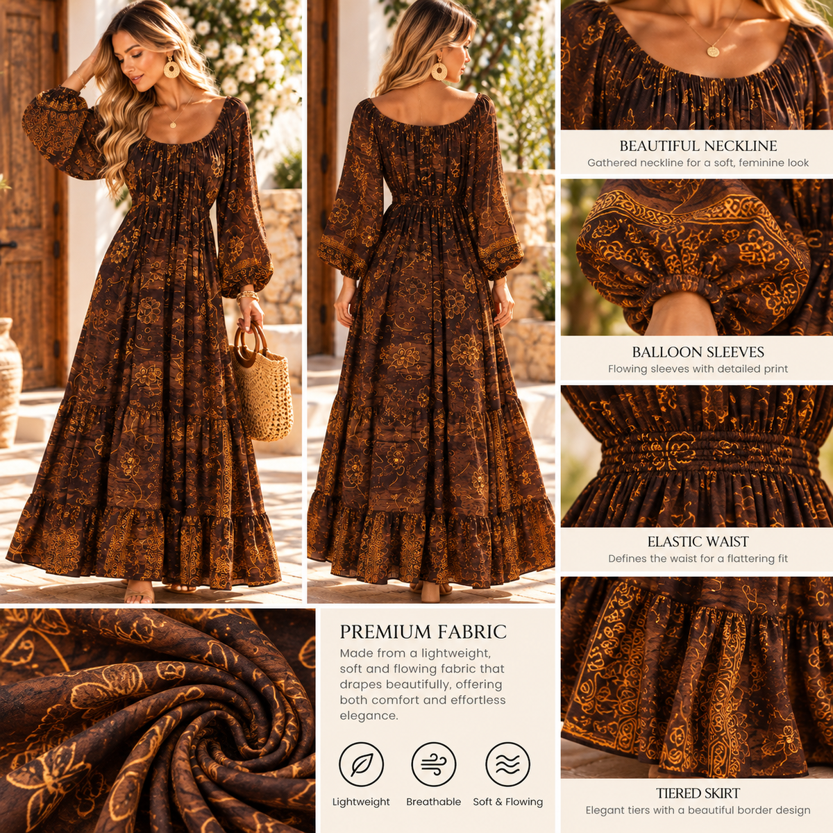 Golden Mocha Boho Maxi Dress