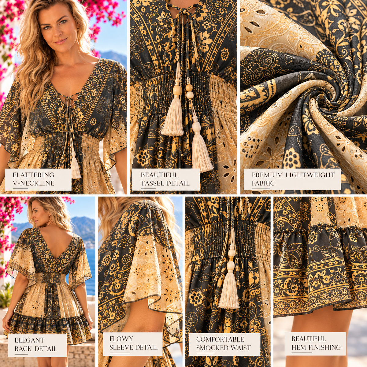 Black & Gold Silk Paisley Boho Dress