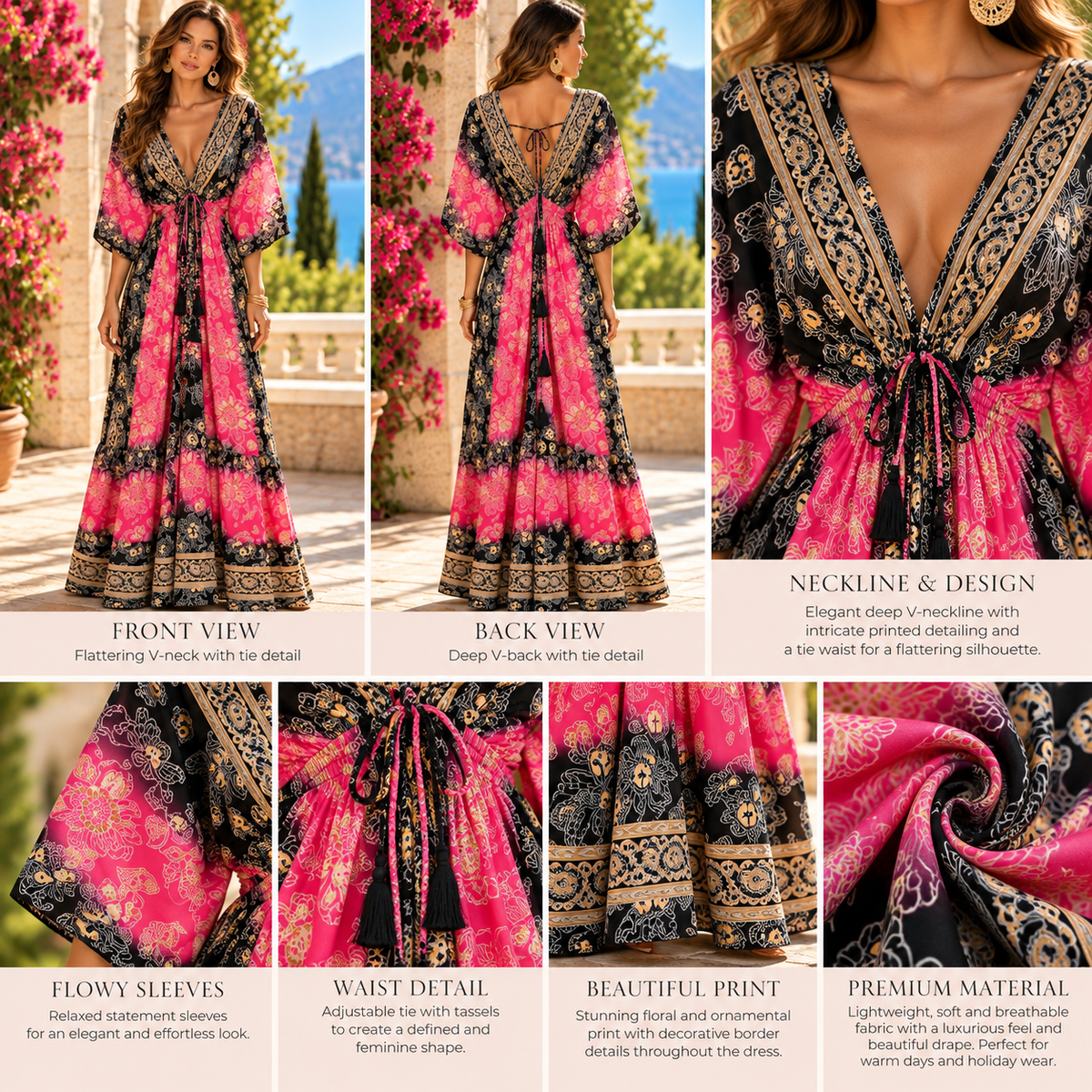 Black & Pink Floral Boho Dress with Flowy Sleeves