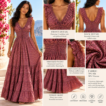 Dusty Rose Silk Boho Maxi Dress – Ruffled V-Neck and Smocked Waist