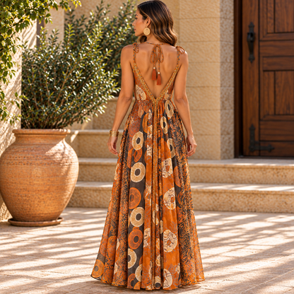 Rust Orange & Cream Boho Maxi Dress