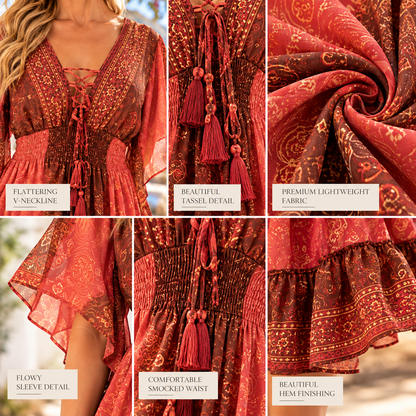 Rust & Orange Silk Paisley Boho Dress