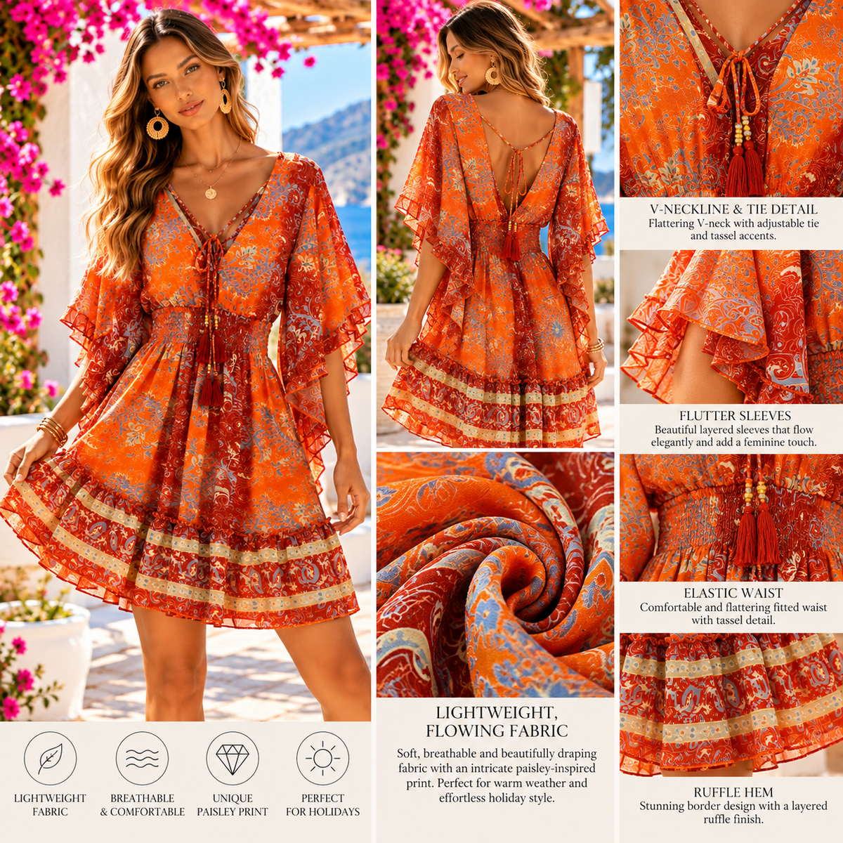 Orange & Rust Paisley Boho Mini Dress