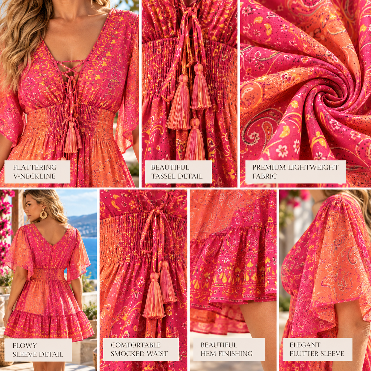 Pink & Coral Silk Paisley Boho Dress