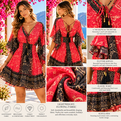 Ruby &  Black Paisley Boho Mini Dress