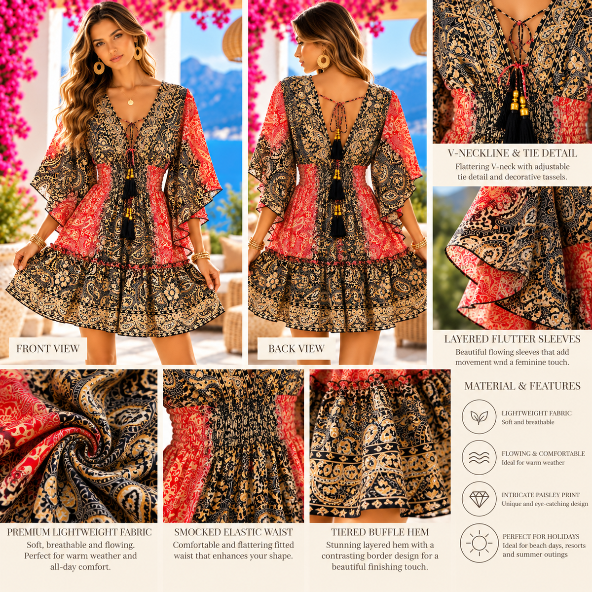Red & Black Paisley Boho Mini Dress