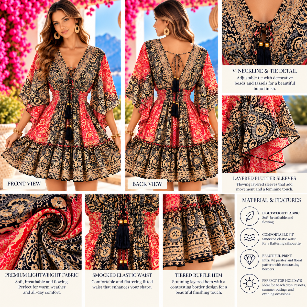 Red & Navy Paisley Boho Mini Dress