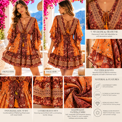 Burnt Orange & Burgundy Paisley Boho Mini Dress