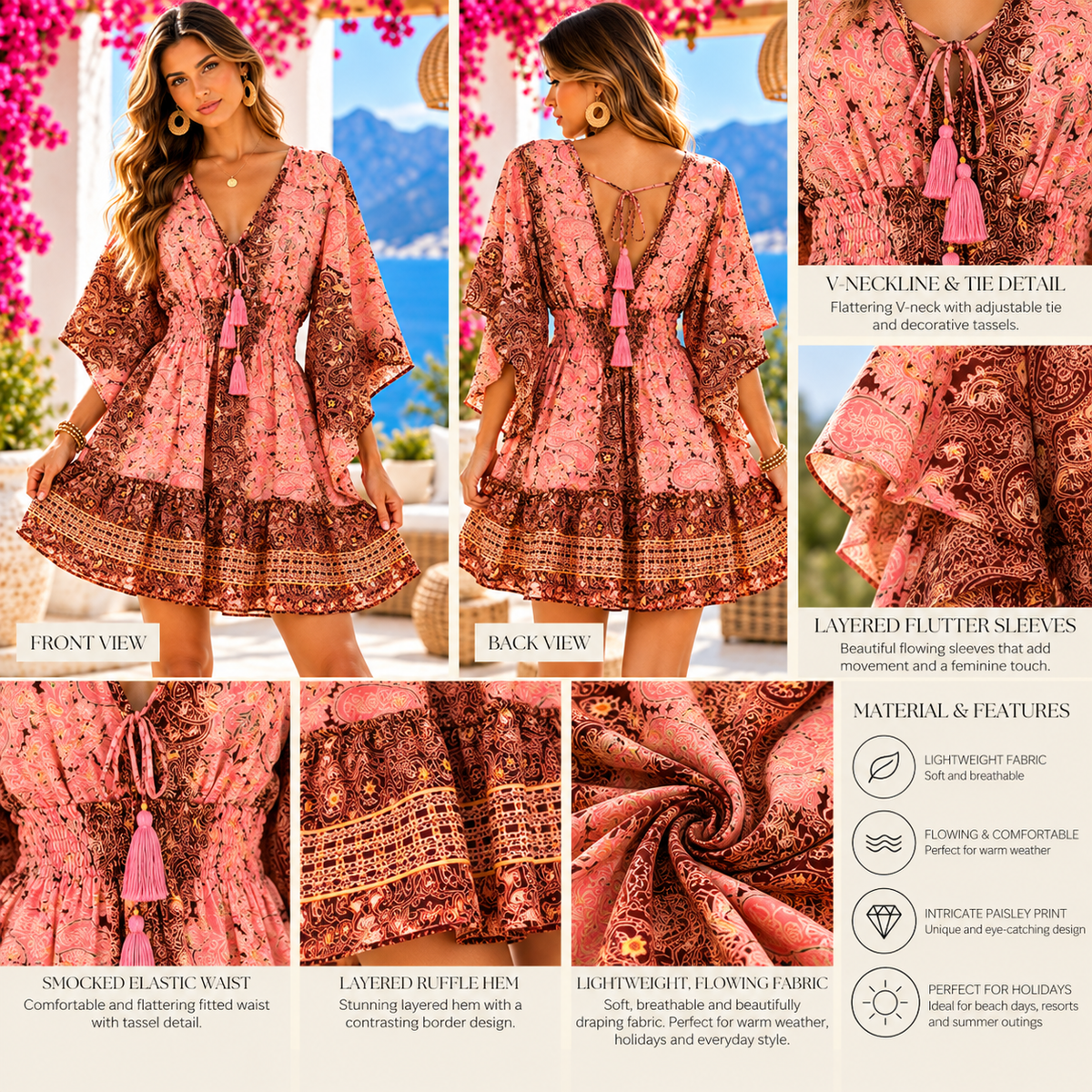 Dusty Pink & Chocolate Paisley Boho Mini Dress