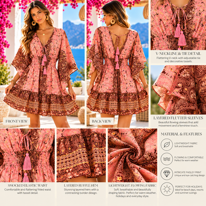 Dusty Pink & Chocolate Paisley Boho Mini Dress