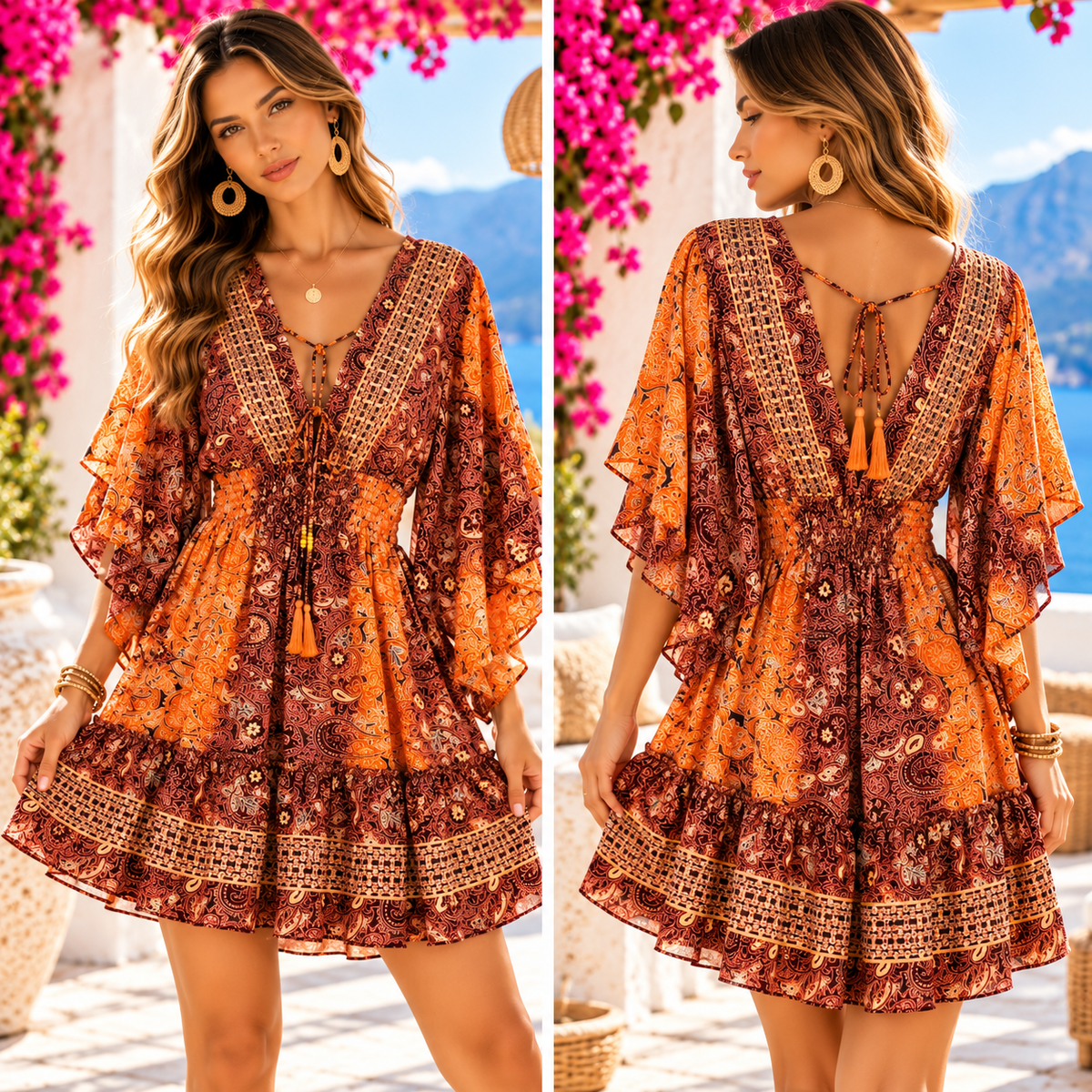 Burnt Orange & Burgundy Paisley Boho Mini Dress