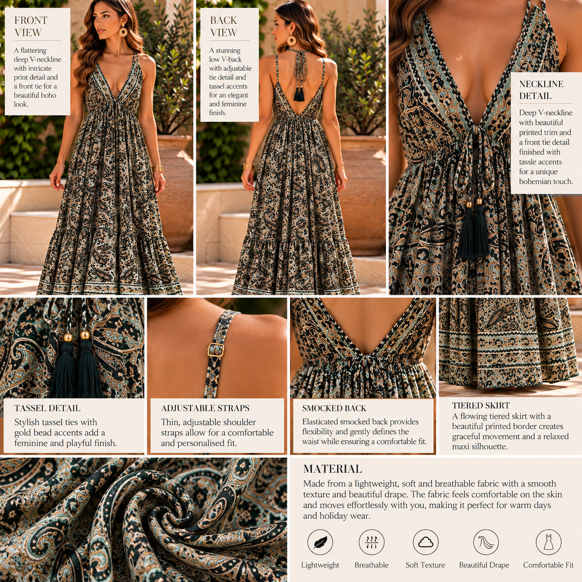 Teal & Cream Paisley Maxi Dress with Tassel Detail
