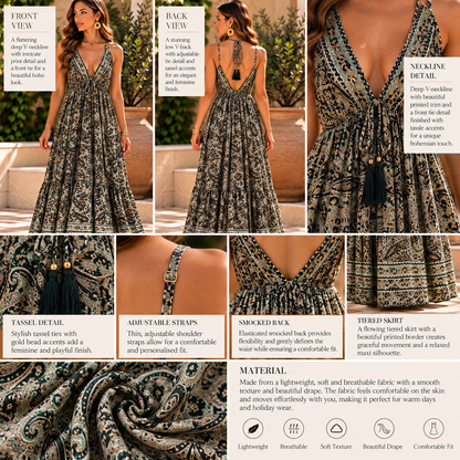 Teal & Cream Paisley Maxi Dress with Tassel Detail