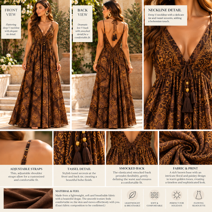 Chocolate Brown & Gold Floral Paisley Maxi Dress