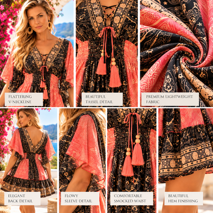 Coral & Navy Silk Paisley Boho Dress