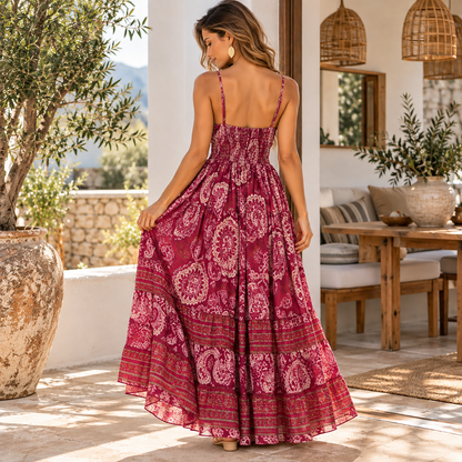 Burgundy and Cream Paisley Silk Maxi Dress – Embellished V-Neck Boho Dress