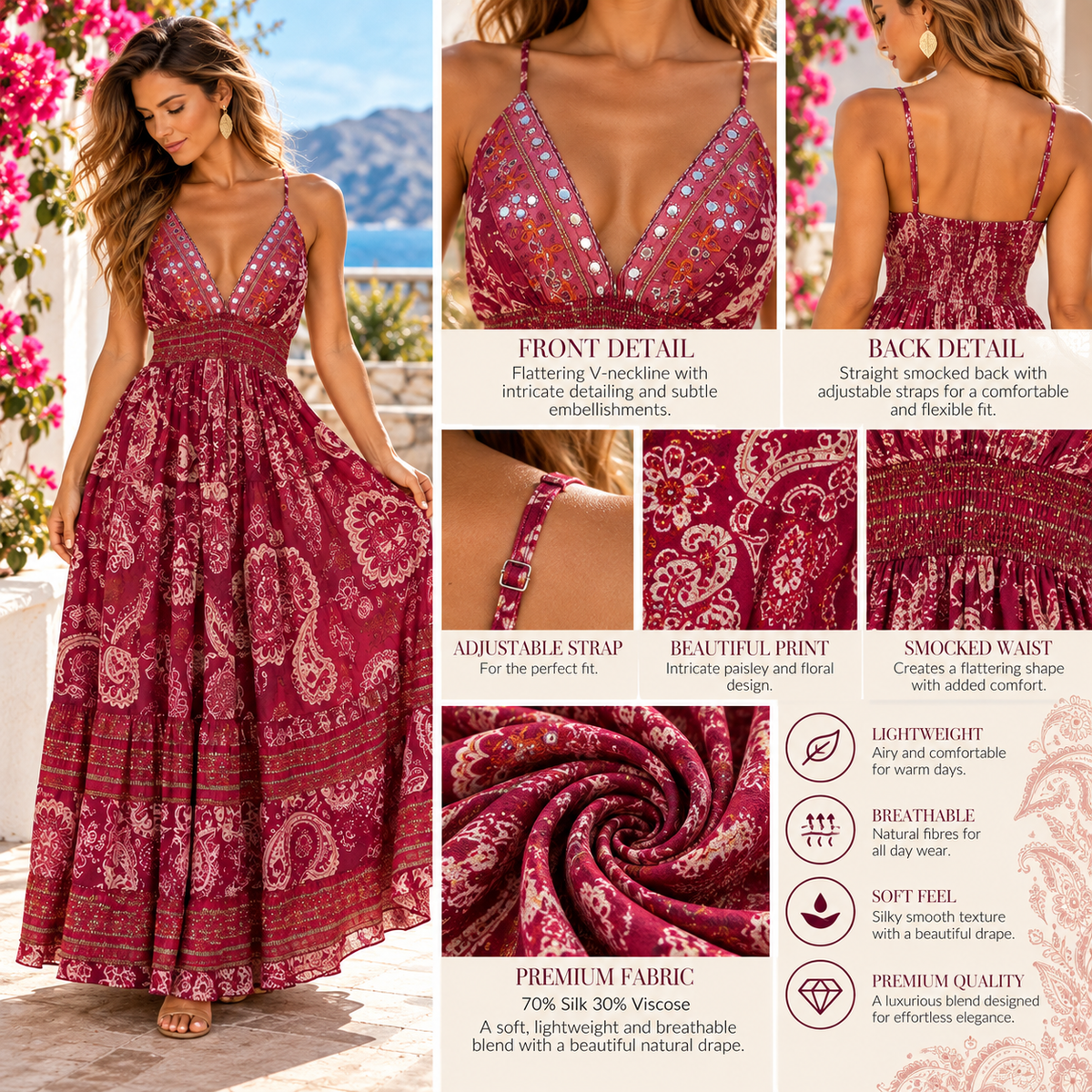Burgundy and Cream Paisley Silk Maxi Dress – Embellished V-Neck Boho Dress