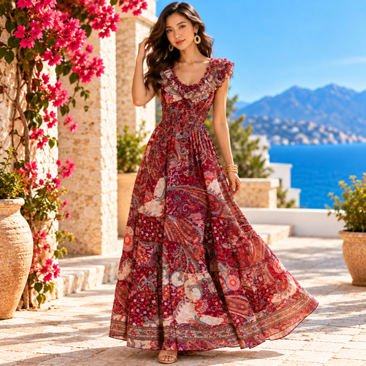 Burgundy and Red Paisley Silk Boho Maxi Dress – Ruffle Sleeves and Smocked Waist
