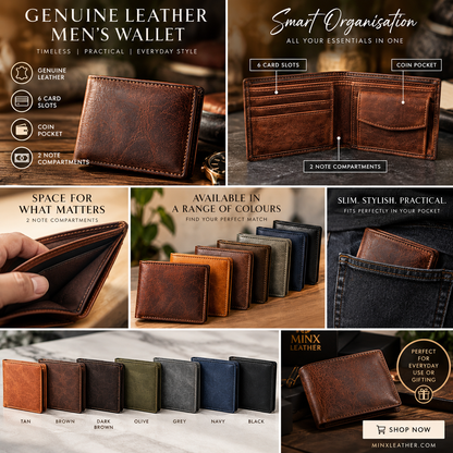 Genuine Leather Men's Wallet – 6 Card Slots, Coin Pocket & 2 Note Compartments | Minx Leather