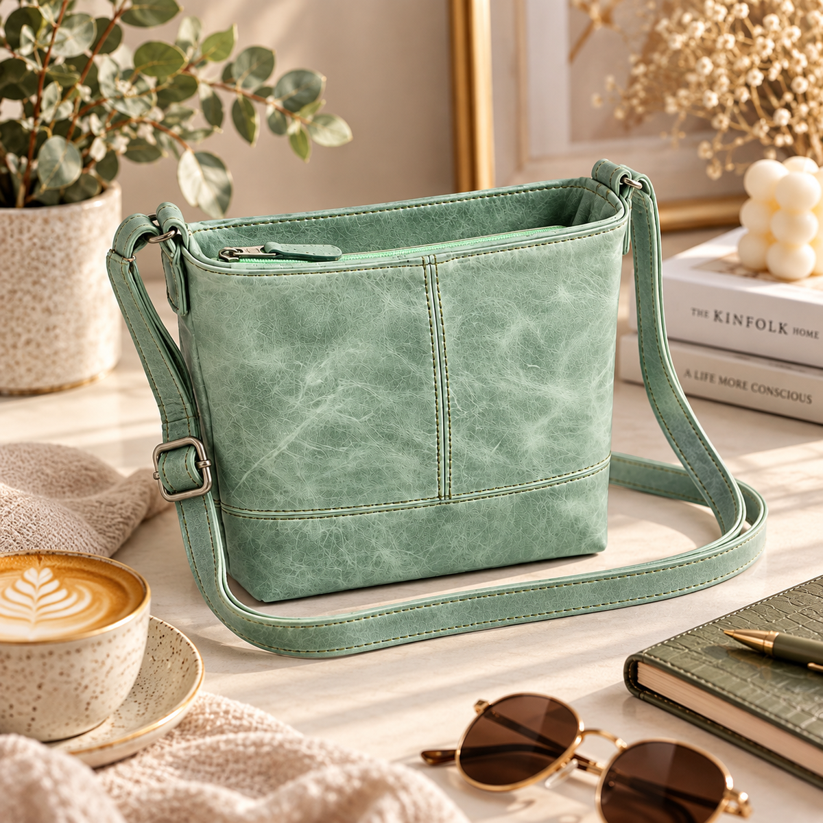 Green Genuine Leather Sling Bag – Stylish Women's Crossbody Bag