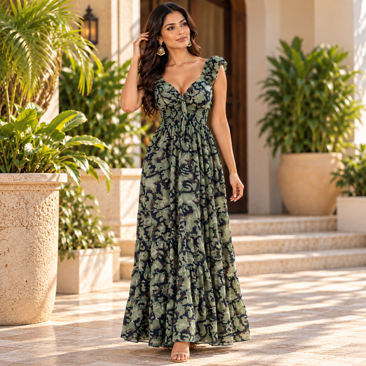 Olive Green & Black Camo Print Maxi Dress